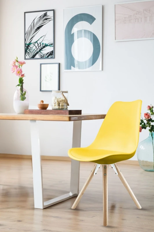 Image of Fusion Living Soho Plastic Dining Chair with Pyramid Light Wood Legs Yellow