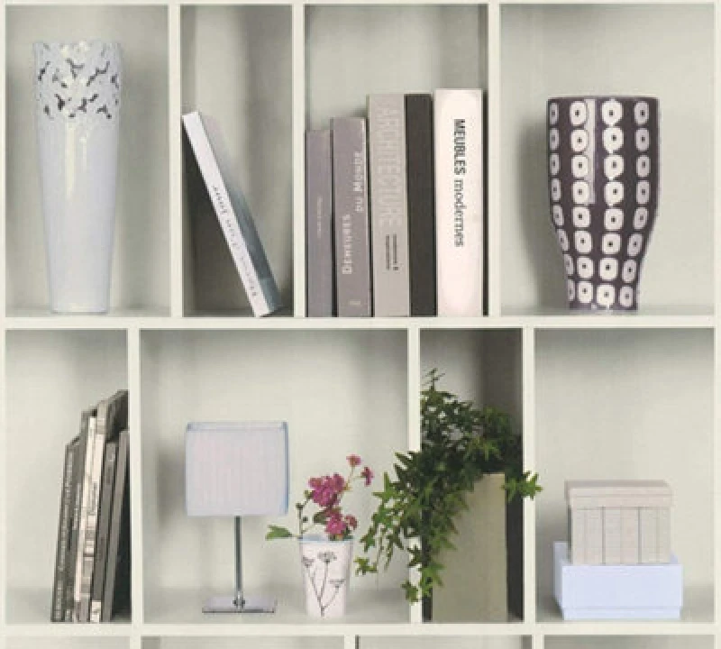 Image of As Creation A.s. Creation 3D Effect Non-Woven Modern Bookshelf Bookcase Wallpaper Grey, Green, White 366631
