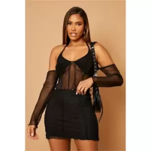 Image of I Saw It First Black Mesh Exposed Seam Halterneck Long Sleeve Top - Black