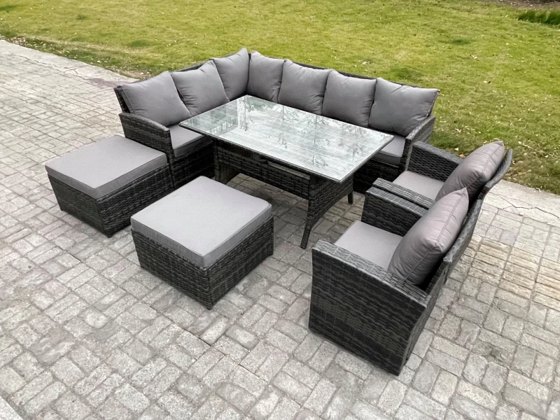 Image of Fimous 10 Seater Outdoor Rattan Garden Furniture Set with Rectangular Dining Table 2 Big Footstool 2 Armchiars Patio Wicker in Dark Grey Dark Grey Uni
