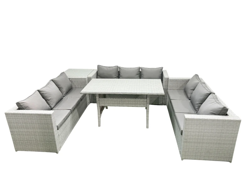 Image of Fimous Rattan Garden Outdoor Furniture Set 9 Seater Garden Sofa Rectangulr Dining Table Set with Side Table Light Grey Mixed Light Grey