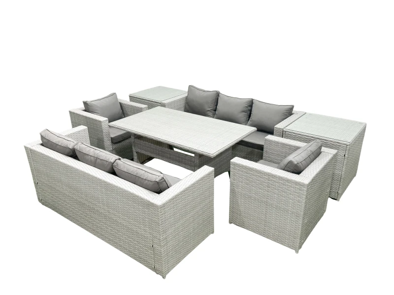 Image of Fimous Rattan Garden Furniture Set Outdoor 8 Seater Patio Dinin g Sofa Sets with Dining Table 2 Chairs 2 Side Tables Light Grey Mixed Light Grey