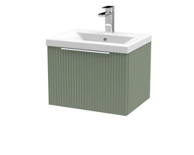 Image of Hudson Reed Fluted 510mm Satin Green Wall Hung Single Drawer Vanity Unit With Basin-Satin Green