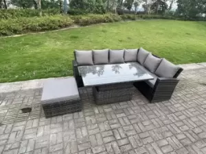 Image of Fimous 6 Seater Outdoor Dark Grey Rattan Lounge Complete Sofa Set L Shape with Adjustable Dining Table and Big Footstool