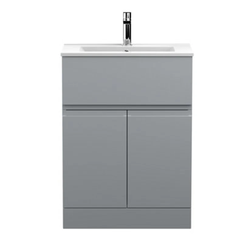 Image of Nuie Hudson Reed Urban Floor Standing 2 Door 1 Drawer Vanity Unit With Minimalist Basin, Modern Vanity Unit In Satin Grey, 600mm