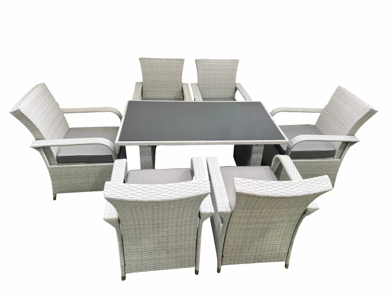 Image of Fimous Wicker PE Rattan Garden Furniture Set Patio Outdoor 6 Chairs Plus Rectangular Dining Table Set Light Grey Mixed Light Grey Unisex
