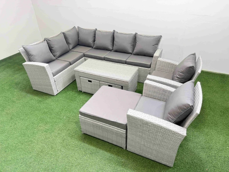 Image of Fimous Outdoor 11 Seater Corner Sofa Sets with Chair 3 Stools Light Grey Light Grey Unisex
