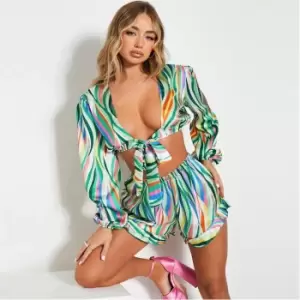 Image of I Saw It First Swirl Print Satin Tie Front Crop Top - Green