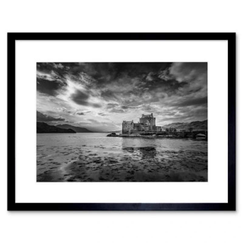 Image of Artery8 Scottish Photo Landscape Eilean Donan Castle Bw 12X16" Framed Wall Art Print