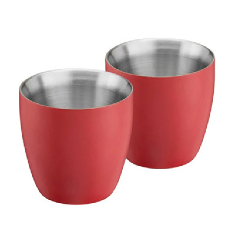 Image of Cooks Professional Set Of 2 Stainless Steel Espresso Coffee Cups - Double Wall Insulated Mini Drinking Mugs - Red