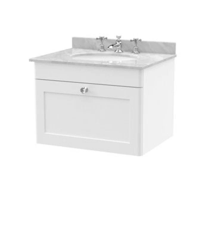 Image of Nuie Classique Wall Hung 1 Drawer Unit & 3 Tap Hole Grey Marble Top With Oval Basin, Stylish Sink Vanity Unit In Satin White With