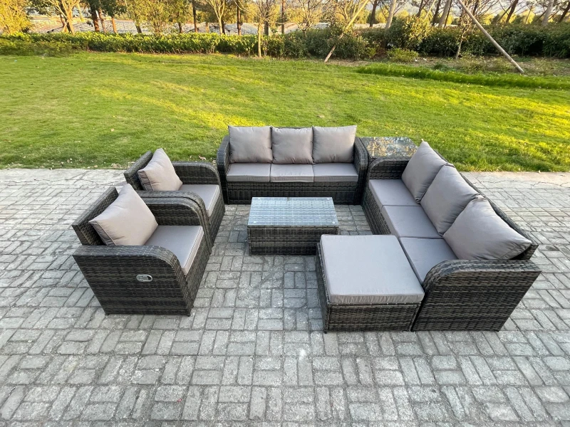 Image of Fimous Rattan Outdoor Garden Furniture Sofa Set Patio Table & Chairs Set with 3 Seater Sofa Reclining Chair Big Footstool Side Table Dark Grey Mixed D