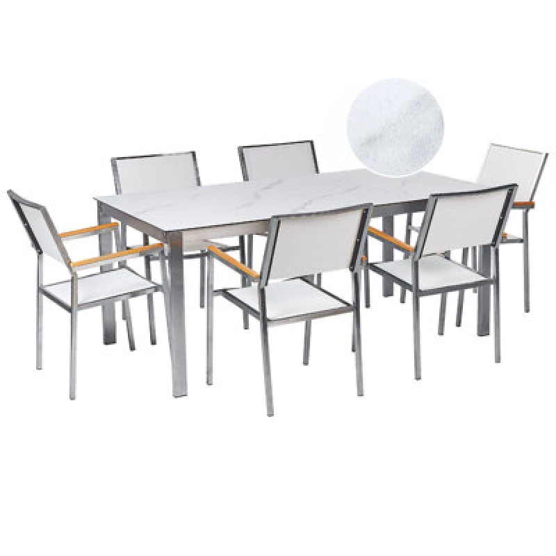 Image of Beliani Garden Dining Set 6 Seater Cosoleto/grosseto Tempered Glass Marble Effect White Marble
