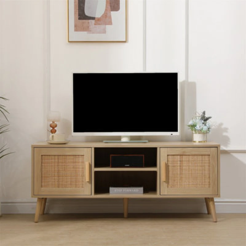 Image of Furniturehmd 120Cm Ratten TV Stand, Media Entertainment Center With 2-Tier Shelves,modern TV Cabinet,5 Solid Pine Wood Legs