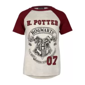 Image of Harry Potter Girls Hogwarts Crest Raglan T-Shirt (5-6 Years) (Beige/Burgundy)