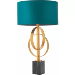 Image of Loops - Antique Gold Table Lamp & Teal Satin Shade - Black Marble Base Desk Light