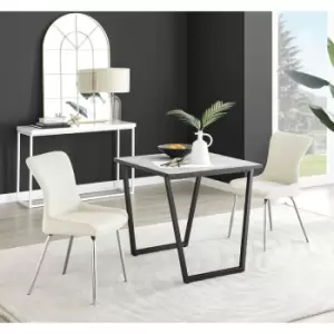 Image of Furniturebox UK - Furniturebox Carson White Marble Effect Square Dining Table & 2 Cream Nora Silver Leg Velvet Chairs