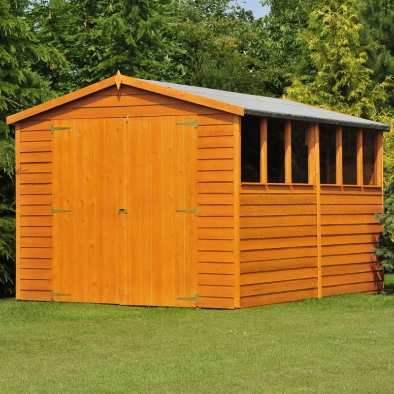 Image of Shires Overlap 12 x 8 Feet Dip Treated Apex Shed Double Door with Windows in Brown Brown Unisex