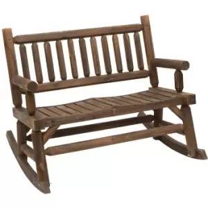 Image of Garden 2-Seater Rocking Bench Wood Frame Rough-Cut Log Loveseat Slatted High Back Rustic Style with Armrests Garden Outdoor Furniture - Dark Stain