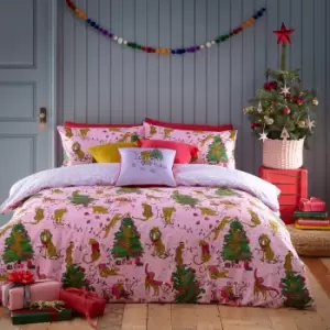 Image of furn. Purrfect Xmas Pink & Lilac Duvet Cover and Pillowcase Set Pink