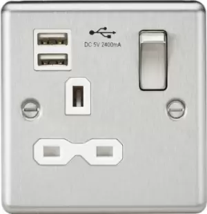 Image of KnightsBridge 13A 1G Switched Socket Dual USB Charger Slots with White Insert - Rounded Edge Brushed Chrome