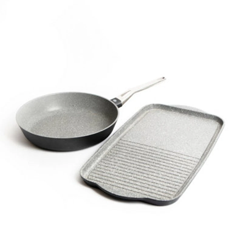 Image of Masterclass 2pc Induction-Safe & Non-Stick Cast Aluminium Pan Set with 28cm Frying Pan and Dual Griddle Tray Grey