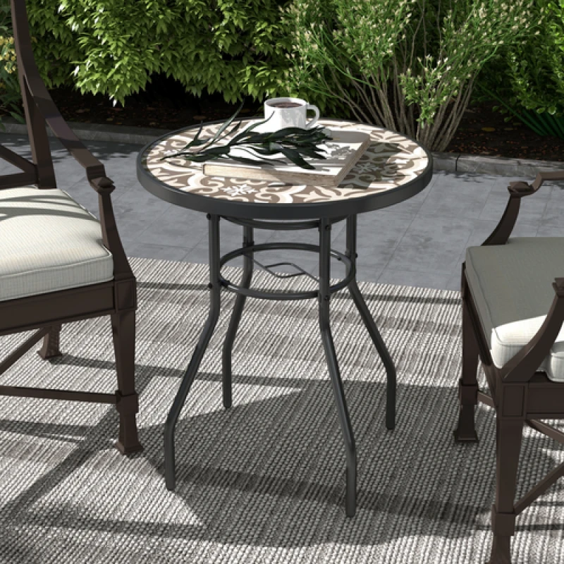 Image of Outsunny Outsunny Garden Table with Glass Printed Design for Outdoor Tan Brown 5056725513153