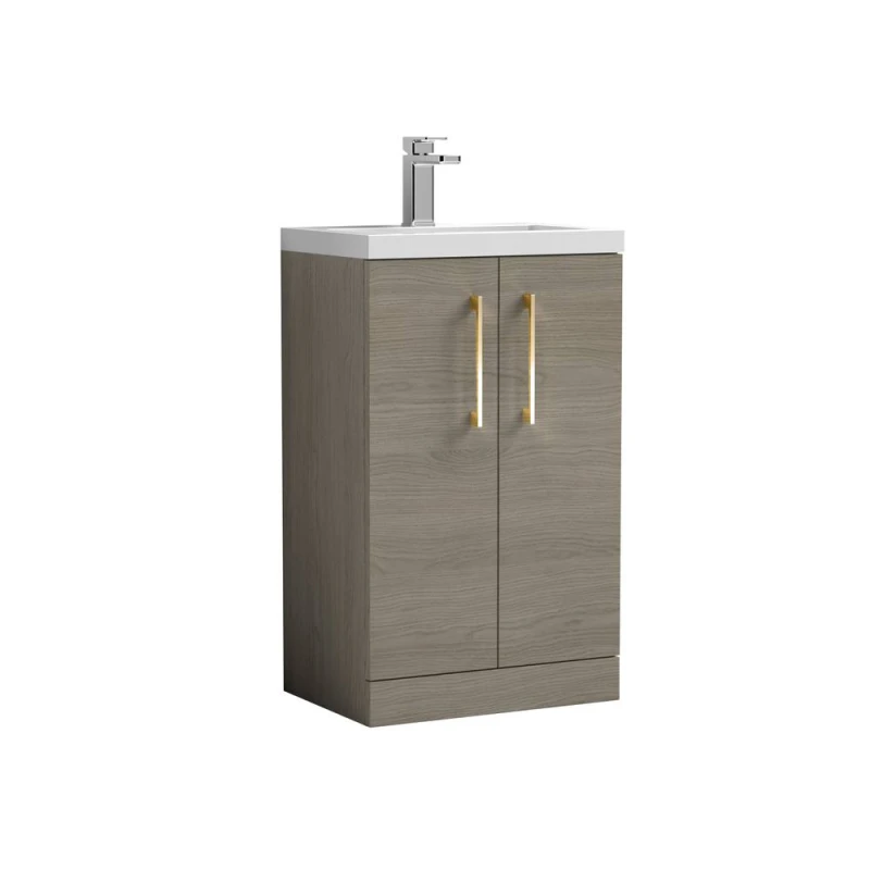 Image of Balterley Bathroom Vanity Basin Unit, Brushed Brass Handles, 500mm, Mid Oak in Brown Brown Unisex