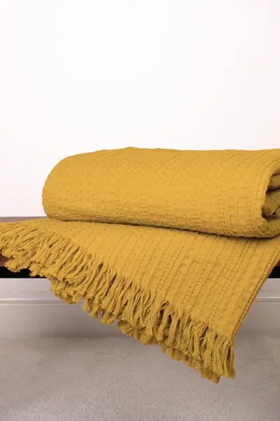 Image of Appletree 'Elbury Waffle' 100% cotton Waffle Textured Bedspread Mustard