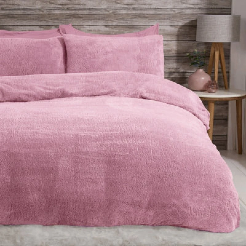 Image of Smart Living Teddy Bear Fluffy Bedding Set, Thermal Warm & Cosy Super Soft Fleece Duvet Cover Set With Pillowcases - Mauve