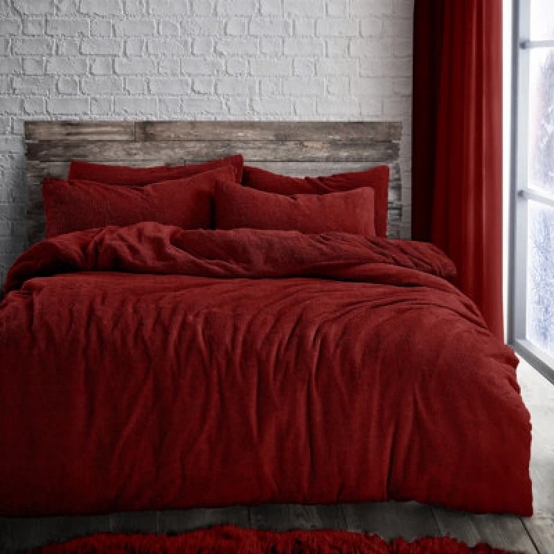 Image of Velosso Teddy Fleece Duvet Cover & Pillowcase Set - Button Enclosure, Machine Washable Bedroom Essentials - Ruby Red