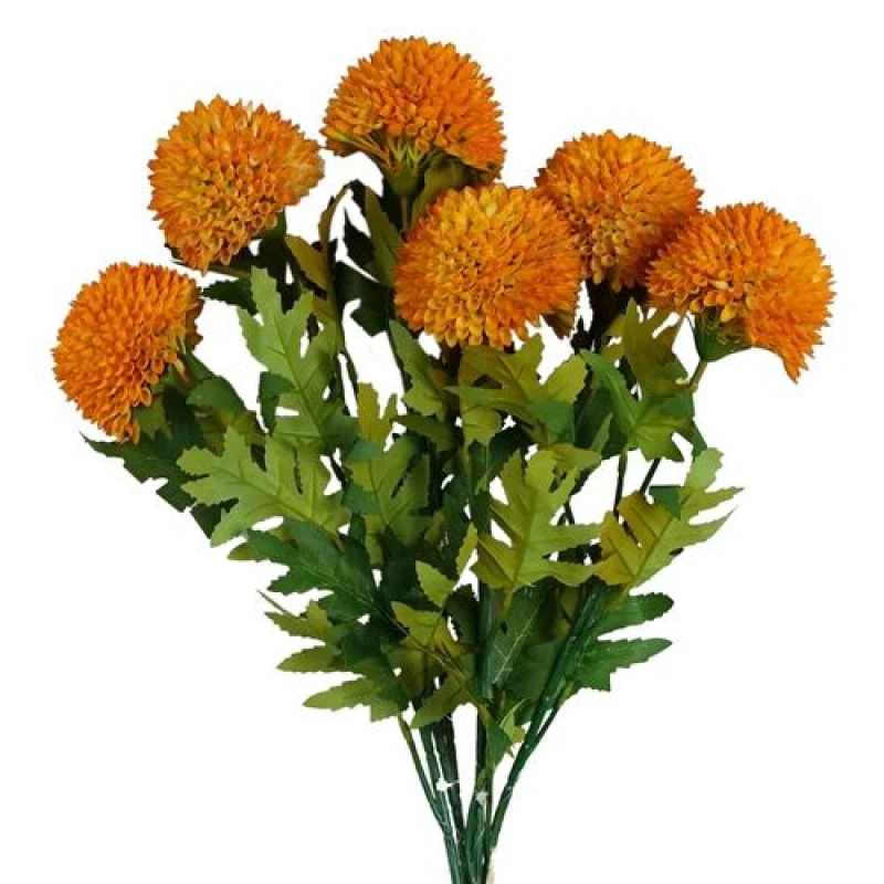 Image of Leaf Pack of 6 x 70cm Large Ball Dahlia Artificial Flower Stem Yellow