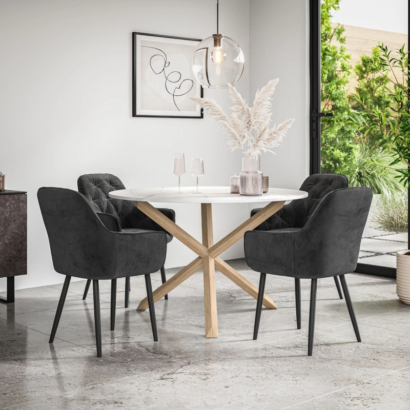Image of More4Homes Malvern Round Dining Table And Chairs - Marble Table Top W Solid Oak Legs + Anika Velvet Dining Chair Set Of 4 (Black)