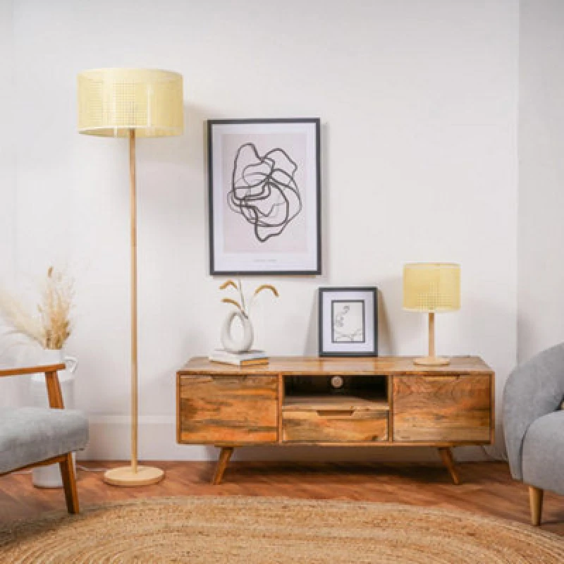 Image of ValueLights Heather Light Wood Floor Lamp with Wicker Drum Shade Natural