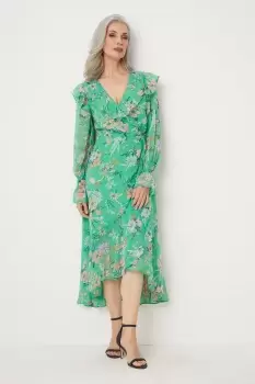 Image of Green Botanical Ruffle Neck Wrap Dress