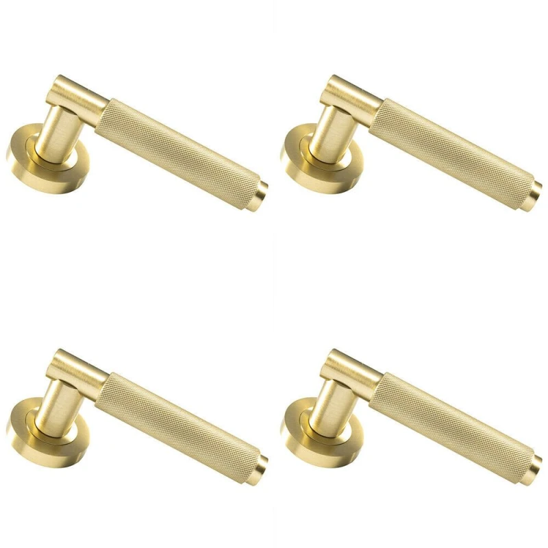 Image of Loops 4x PAIR Knurled Grip Round Bar Handle on Round Rose Concealed Fix Satin Brass Metallics