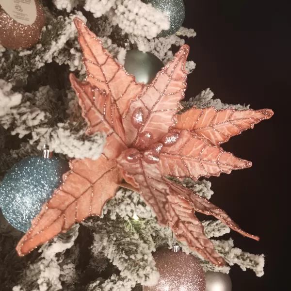 Image of 50cm Frosted Light Coral Pink Poinsettia Stem Christmas Decoration