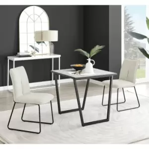 Image of Furniturebox Carson White Marble Effect Square Dining Table & 2 Cream Halle Fabric Chairs