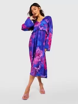 Image of Boohoo Floral Ruffle Waist Chiffon Midi Dress - Purple, Purple, Size 8, Women