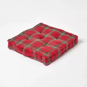 Image of HOMESCAPES Cotton Edward Tartan Floor Cushion, 50 x 50cm - Red