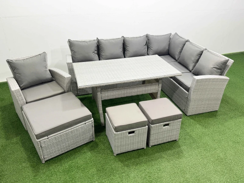 Image of Fimous Rattan Garden Furniture Set Outdoor 10 Seater Patio Dining Corner Sofa in Light Grey Light Grey Unisex