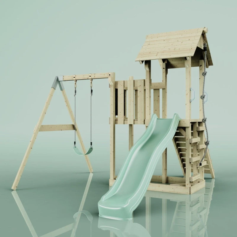 Image of OutdoorToys PolarPlay Balcony Tower Kids Wooden Climbing Frame - Swing Bjorn Sage in Beige Beige Unisex