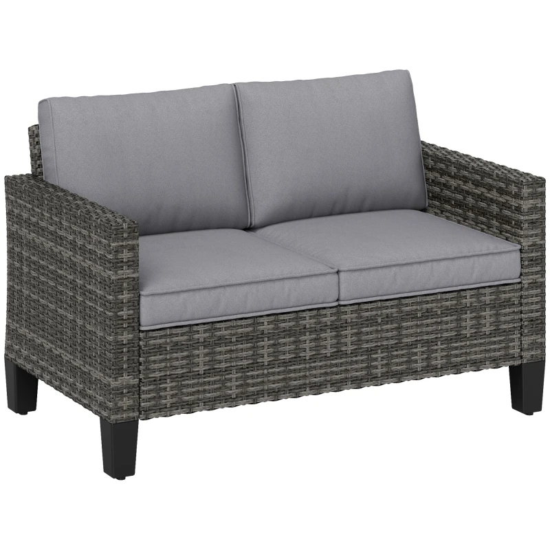 Image of Outsunny Rattan Sofa with Cushions, 2 Seater Garden Furniture, Dark Grey Dark Grey