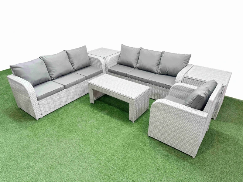 Image of Fimous 7 Seater Poly Rattan Outdoor Garden Furniture Oblong Coffee Table Sofa Set Patio 3 Seater Sofa Reclining Chair 3 Seater Sofa 2 Side Table Light