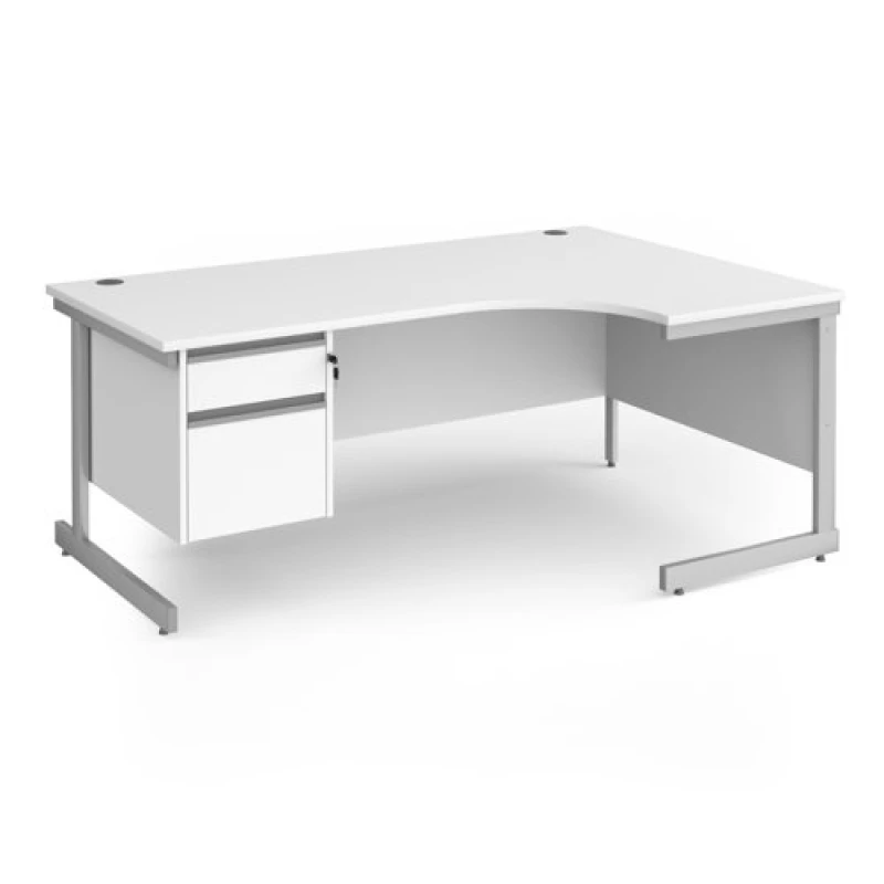 Image of Contract 25 Right Hand Silver Frame Ergonomic Office Desk with 2 Drawer Pedestal - 1800mm - White