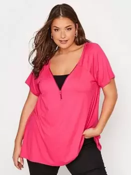 Image of Yours Zip Neck Tshirt - Pink, Size 30-32, Women
