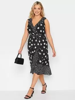 Image of Yours Curve Polka Dot Double Ruffle Wrap Dress - Black/White, Size 16, Women