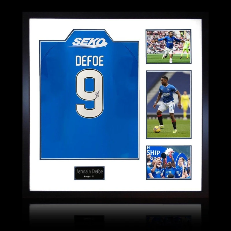 Image of The Fan Cave Jermain Defoe Signed Rangers Shirt Elite Frame Blue unisex 820mm x 82