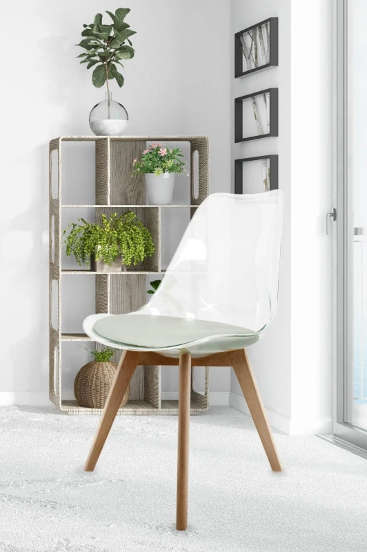 Image of Fusion Living Soho Clear Plastic Dining Chair with Squared Light Wood Legs in Light Grey Light Grey Unisex