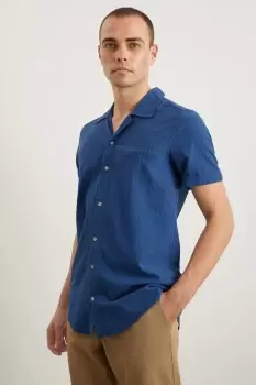 Image of Slim Fit Blue Short Sleeve Seersucker Revere Shirt